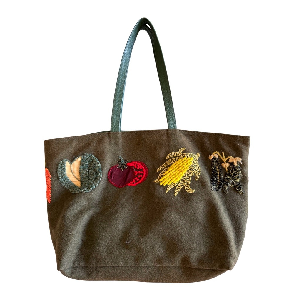 Y2K Tote Le Monde Tote Bag Vegetable Embroidered Wool Leather Green Purse